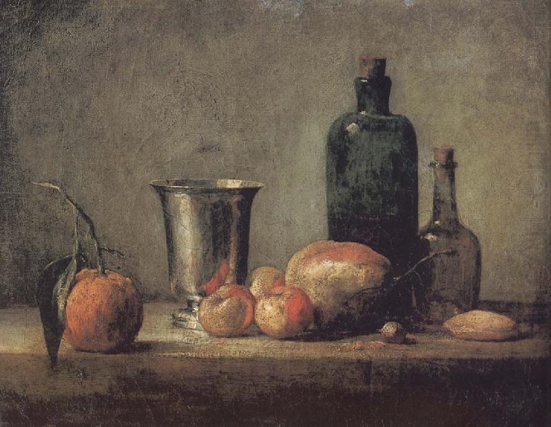 Jean Baptiste Simeon Chardin Orange silver apple pears and two glasses of wine bottles oil painting picture
